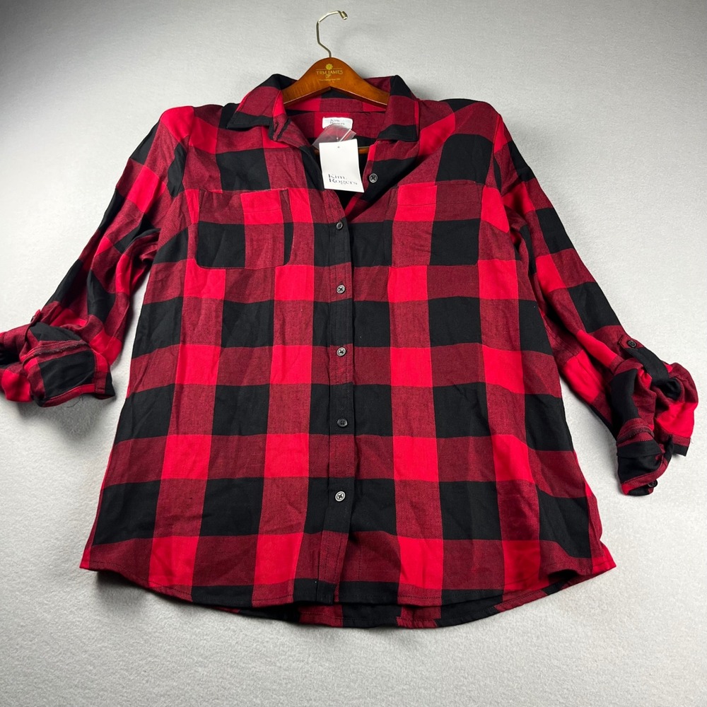 Kim Rogers Womens Red Black Buffalo Plaid Button Down Shirt Size Medium NWT